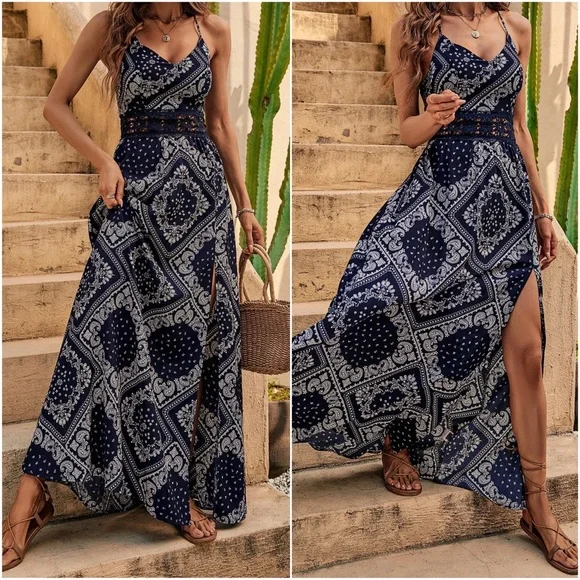 Boho Paisley Print Racerback cami Lace Maxi Dress - Picture 2 of 5